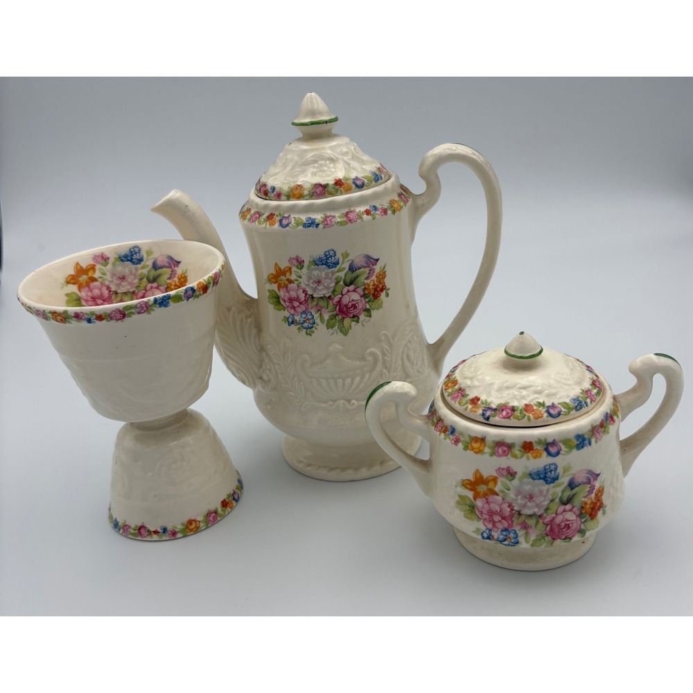 Steubenville Adam Antique Floral Coffee Pot Sugar Egg Cup Set